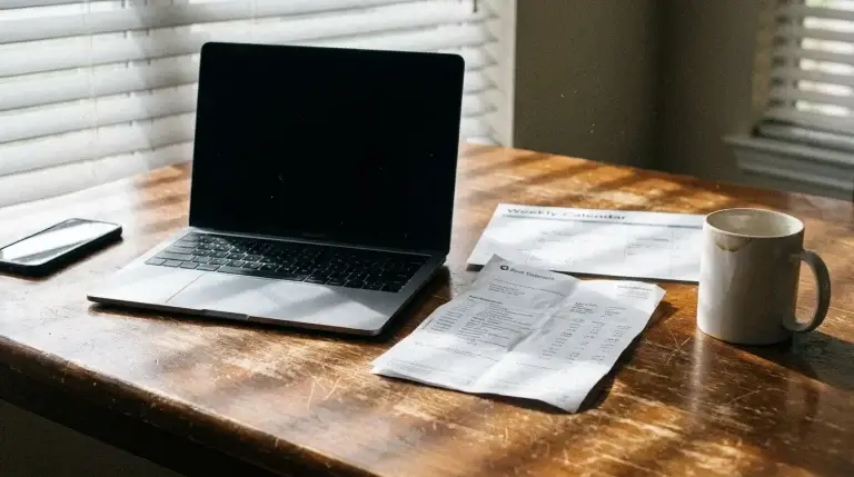 Hands reviewing a laptop and bank statement over a desk, suggesting a rolling weekly cash forecast.