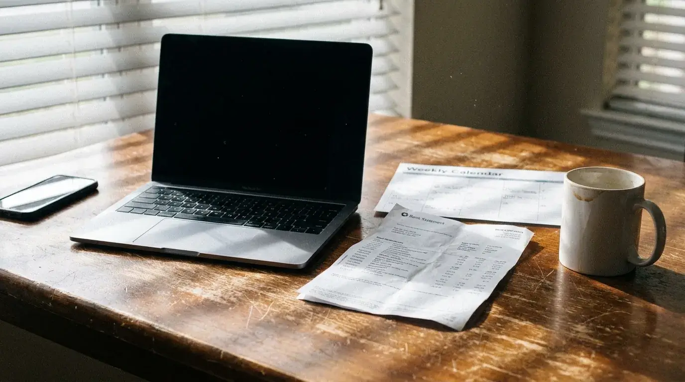 Hands reviewing a laptop and bank statement over a desk, suggesting a rolling weekly cash forecast.