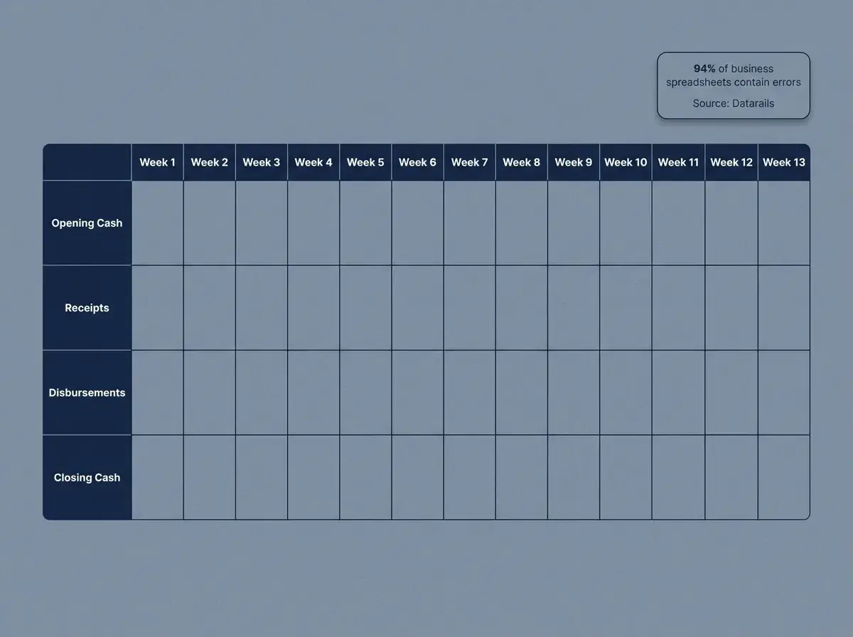 Infographic showing a 13-week cash table layout, required inputs checklist, and a 94% spreadsheet error statistic.