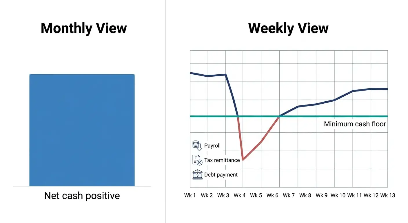 Side-by-side graphic showing monthly cash looks fine while weekly view dips below a minimum cash floor.