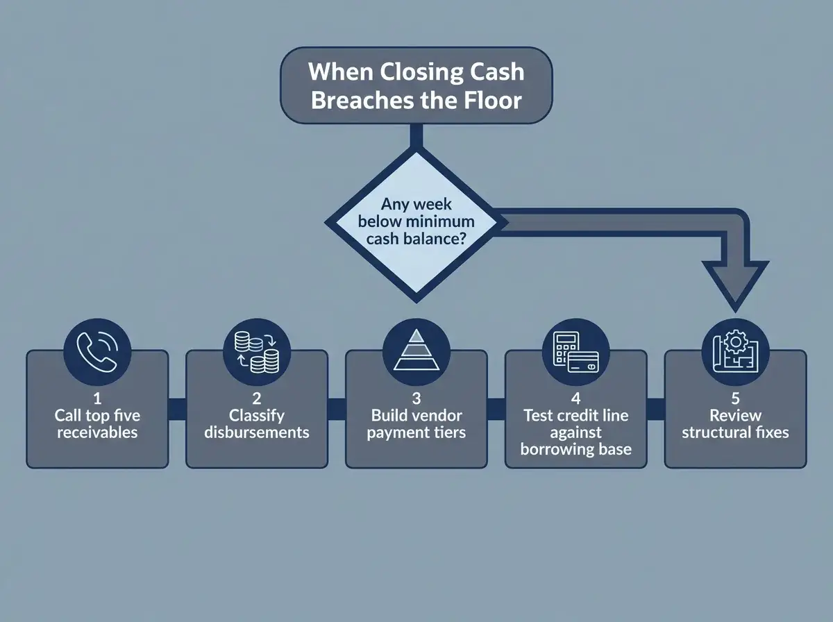Flowchart of steps to take when a 13-week forecast shows cash dropping below the minimum floor.