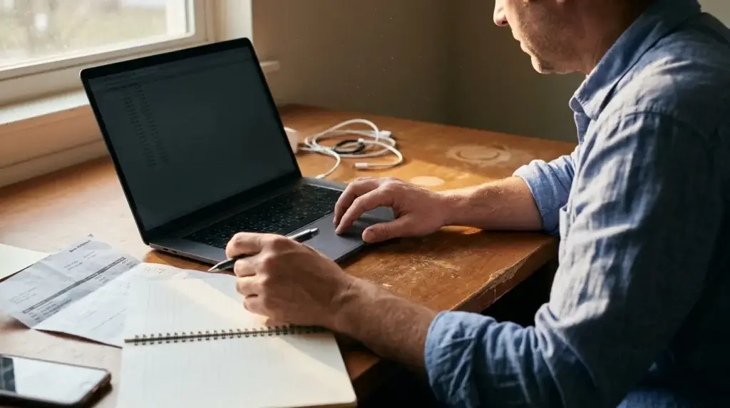 Founder reviewing laptop and bank papers at a desk, suggesting a looming cash surprise.