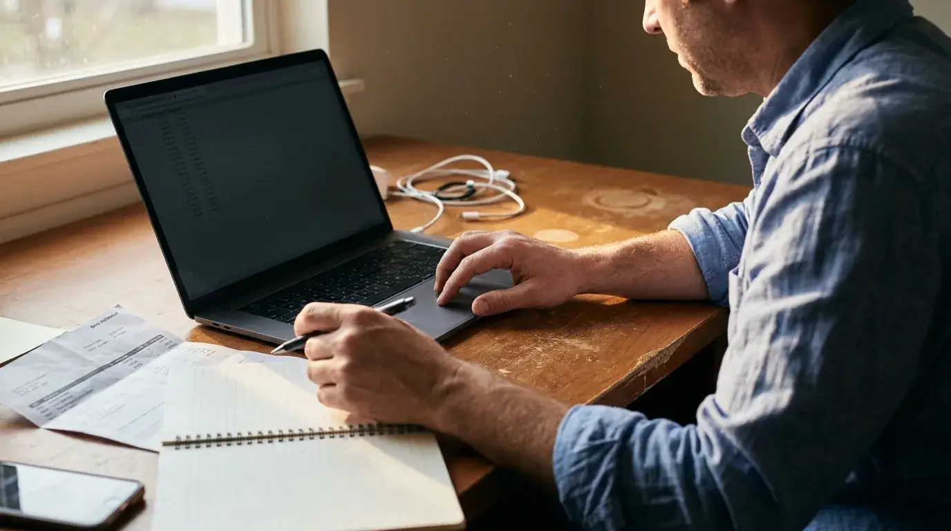 Founder reviewing laptop and bank papers at a desk, suggesting a looming cash surprise.