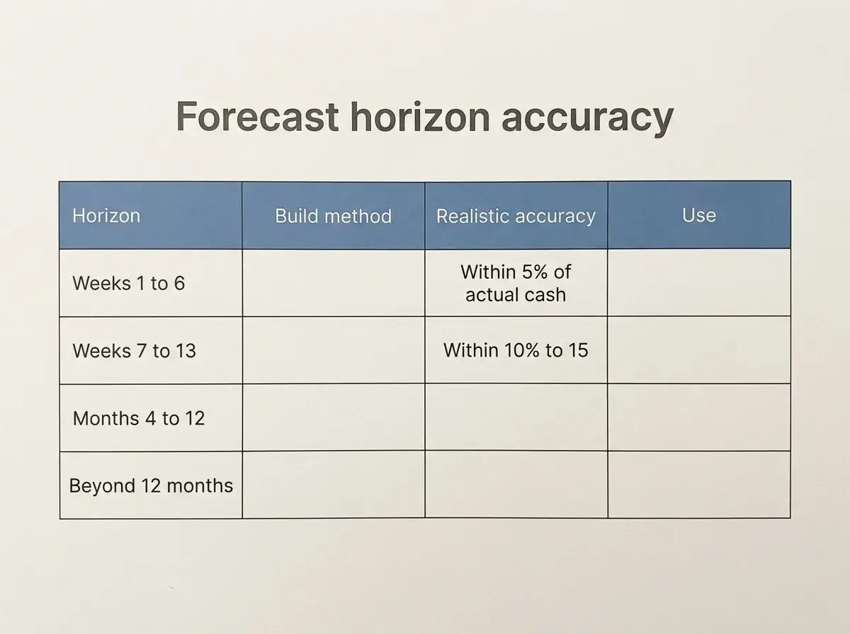 Table showing forecast horizon, method, realistic accuracy, and best use from weeks 1–6 through beyond 12 months.