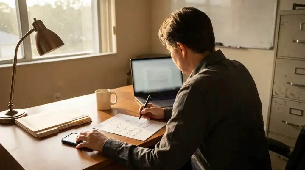 Over-shoulder view of a CEO reviewing a cash-flow triage worksheet beside a laptop on a worn office desk.