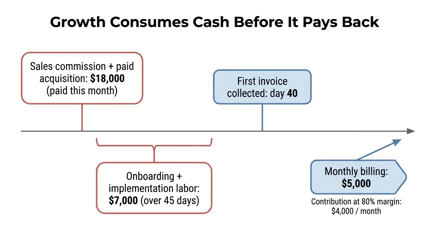 Timeline diagram showing upfront SaaS costs before the first invoice is collected and monthly contribution begins.