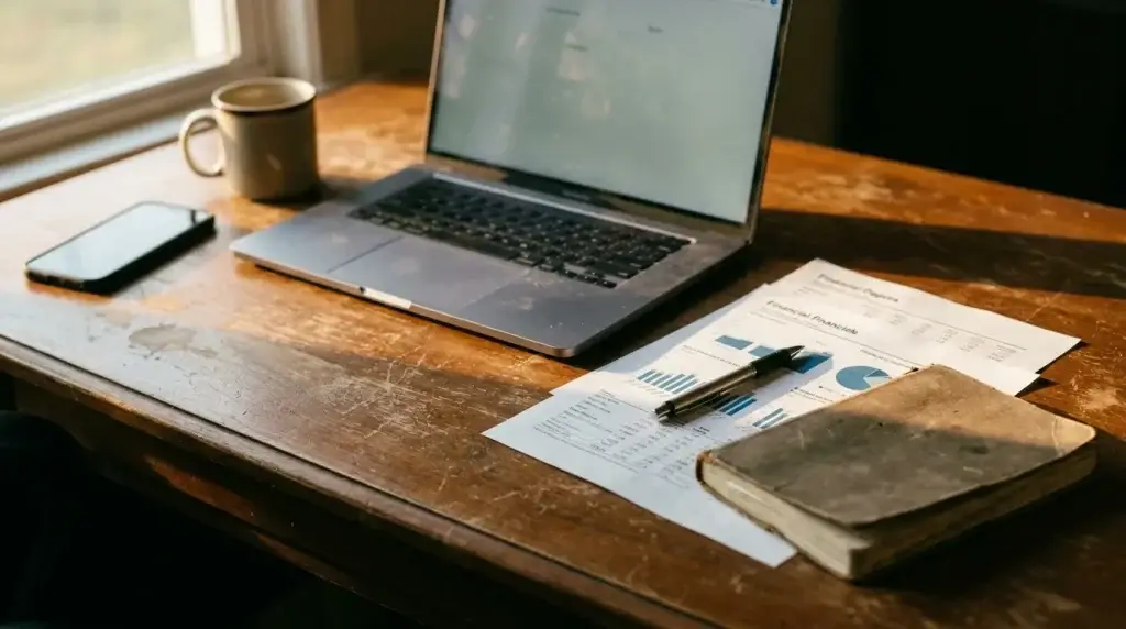 Founder leaning over desk with laptop and financial papers, emphasizing the gap between profit and cash.