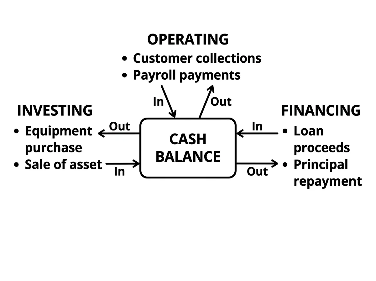 Diagram showing operating, investing, and financing sections feeding into a central cash balance.