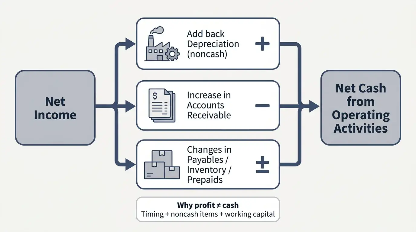 Indirect-method bridge showing adjustments from net income to operating cash flow.