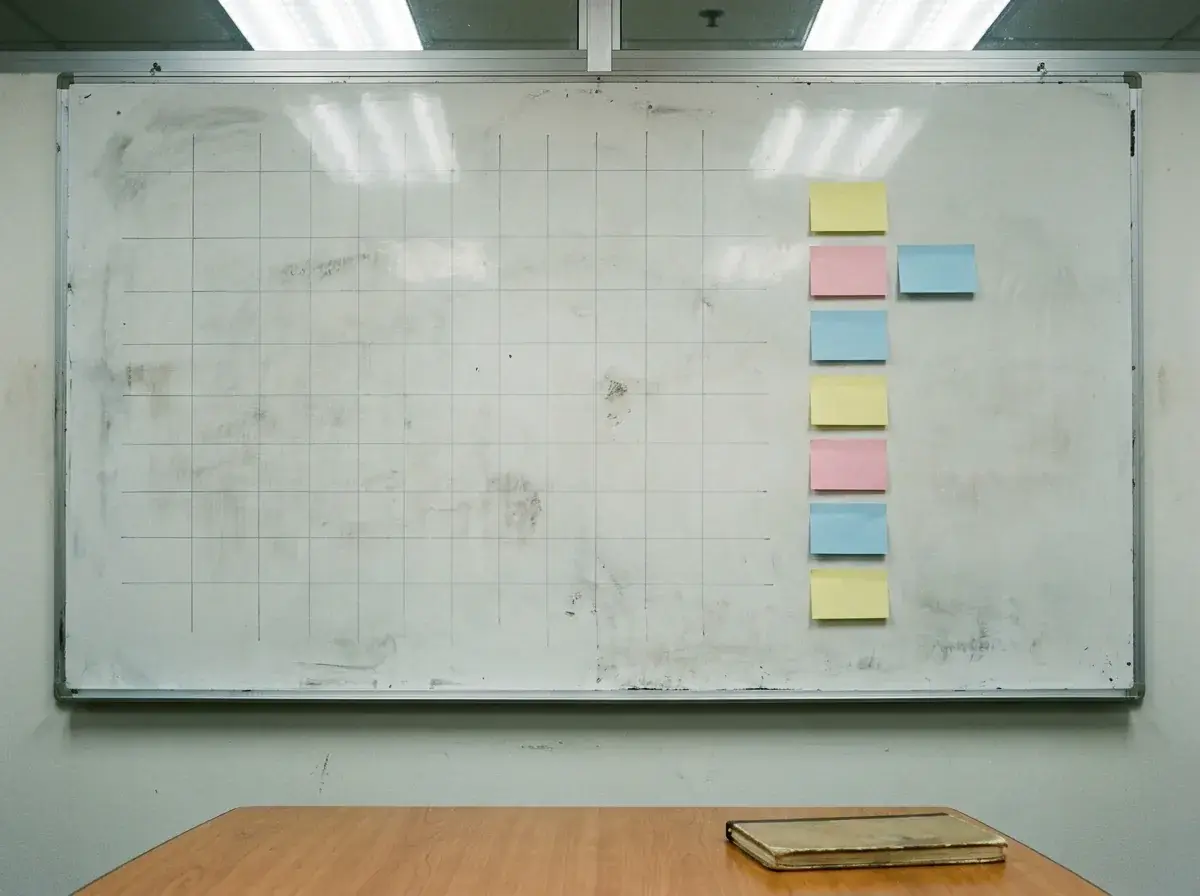 Conference room whiteboard with a blank planning grid and sticky notes suggesting a 13-week cash view.