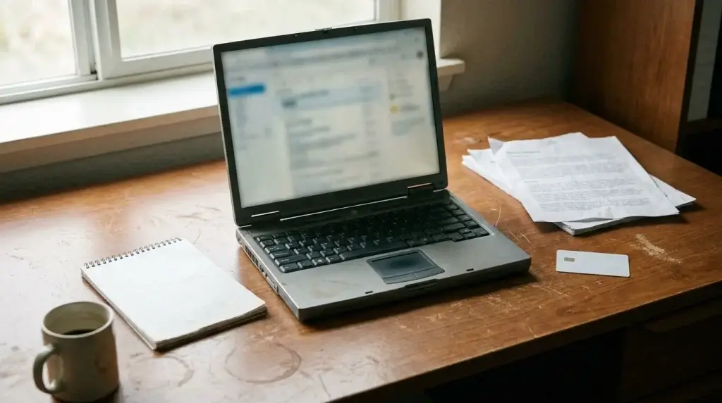 Founder reviewing cash and payroll paperwork at a desk with laptop and reports under window light