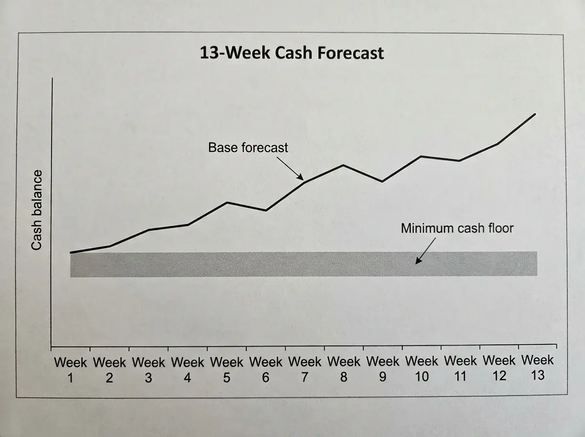13-week cash forecast chart showing base case and stress-test scenarios against a minimum cash floor