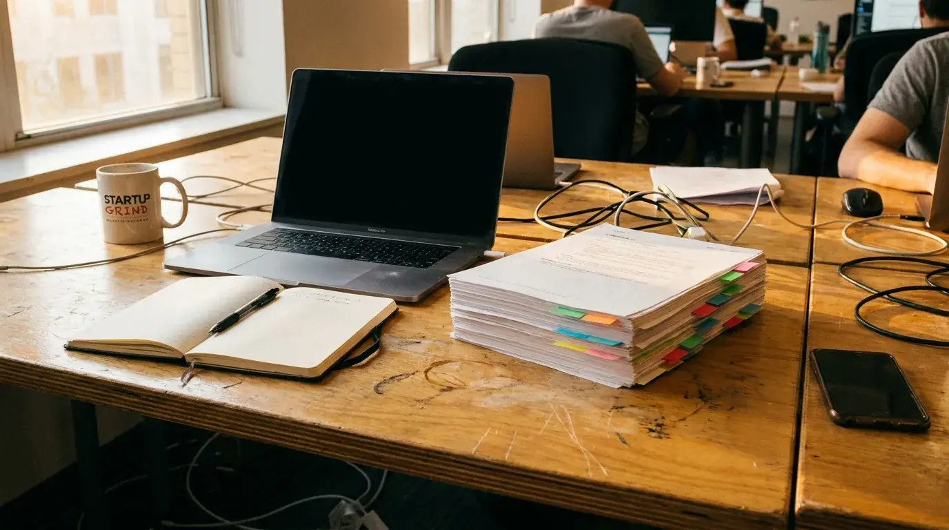 Desk of a Fractional CFO for startups in late-afternoon light.