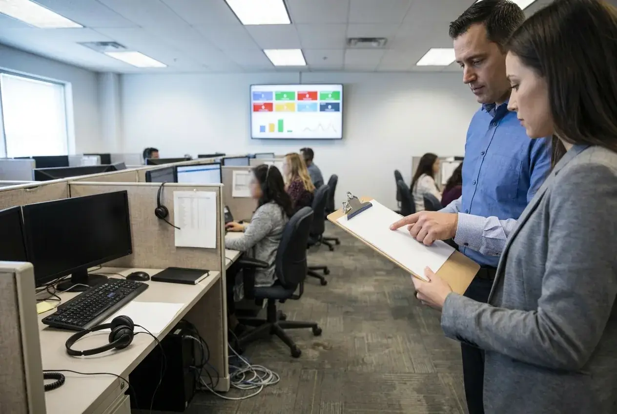 Call center ops aisle with clipboard KPI review, showing embedded weekly operating cadence.