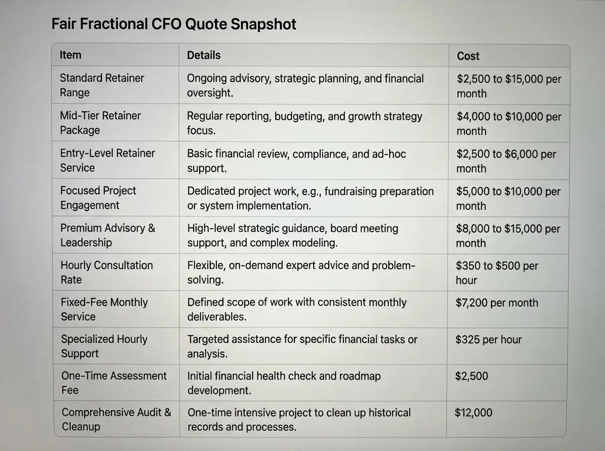 Table summarizing key fractional CFO pricing bands and a sample Series A quote with overage and onboarding.