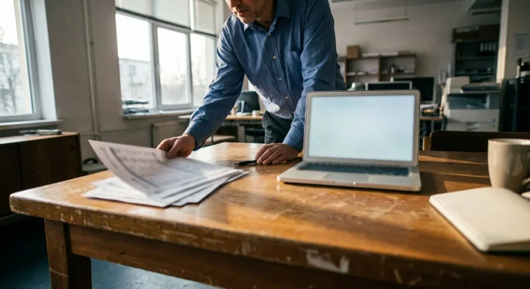 Owner reviewing financial pages and an open laptop at a conference table
