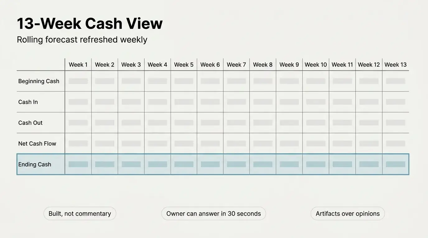 Simple labeled table layout for a rolling 13-week cash forecast