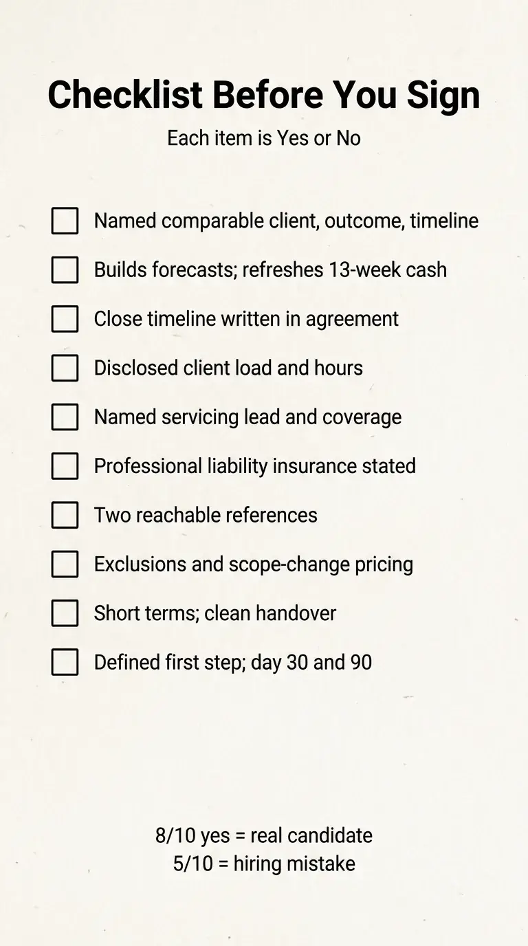 Printable yes/no checklist for vetting a fractional CFO provider