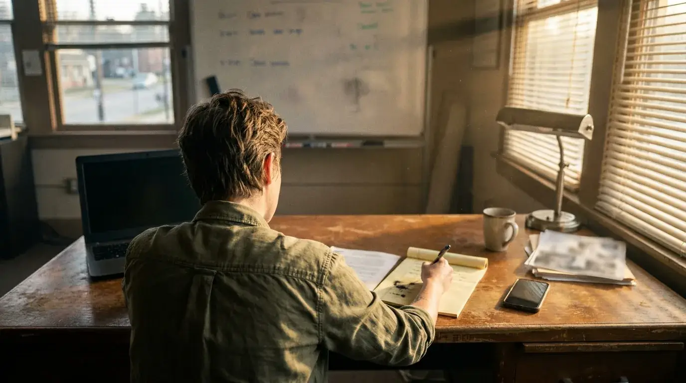 Founder’s desk with notebook and laptop, lit by window blinds, suggesting forward-looking financial decisions.