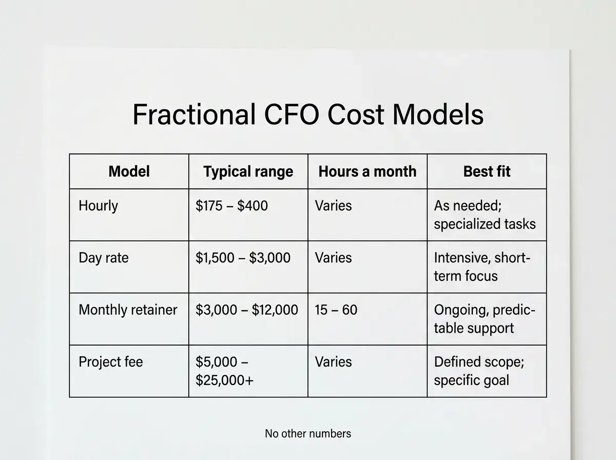 Pricing table comparing hourly, day rate, monthly retainer, and project fee models with typical ranges and best fits.
