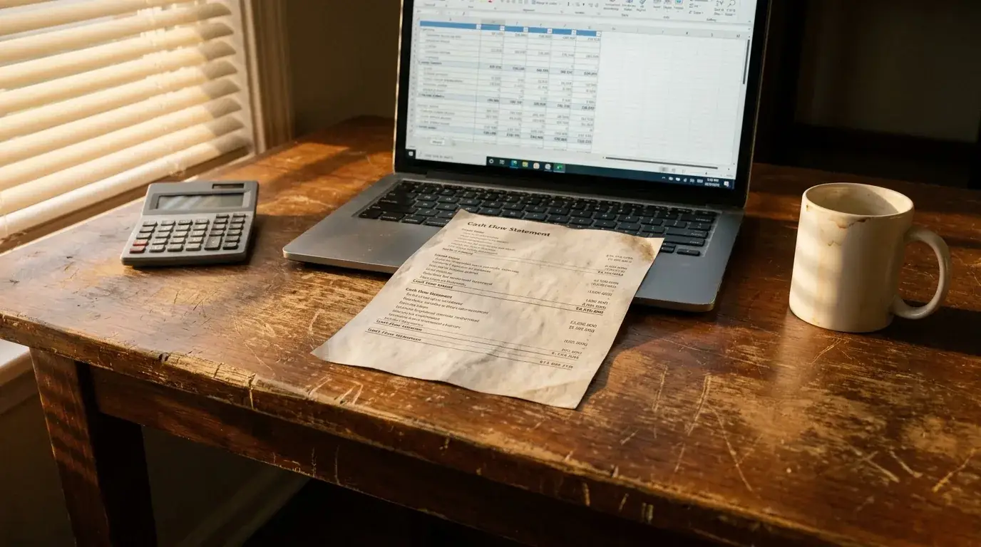 Founder reviewing a cash flow statement on a laptop with calculator and paper on a worn desk