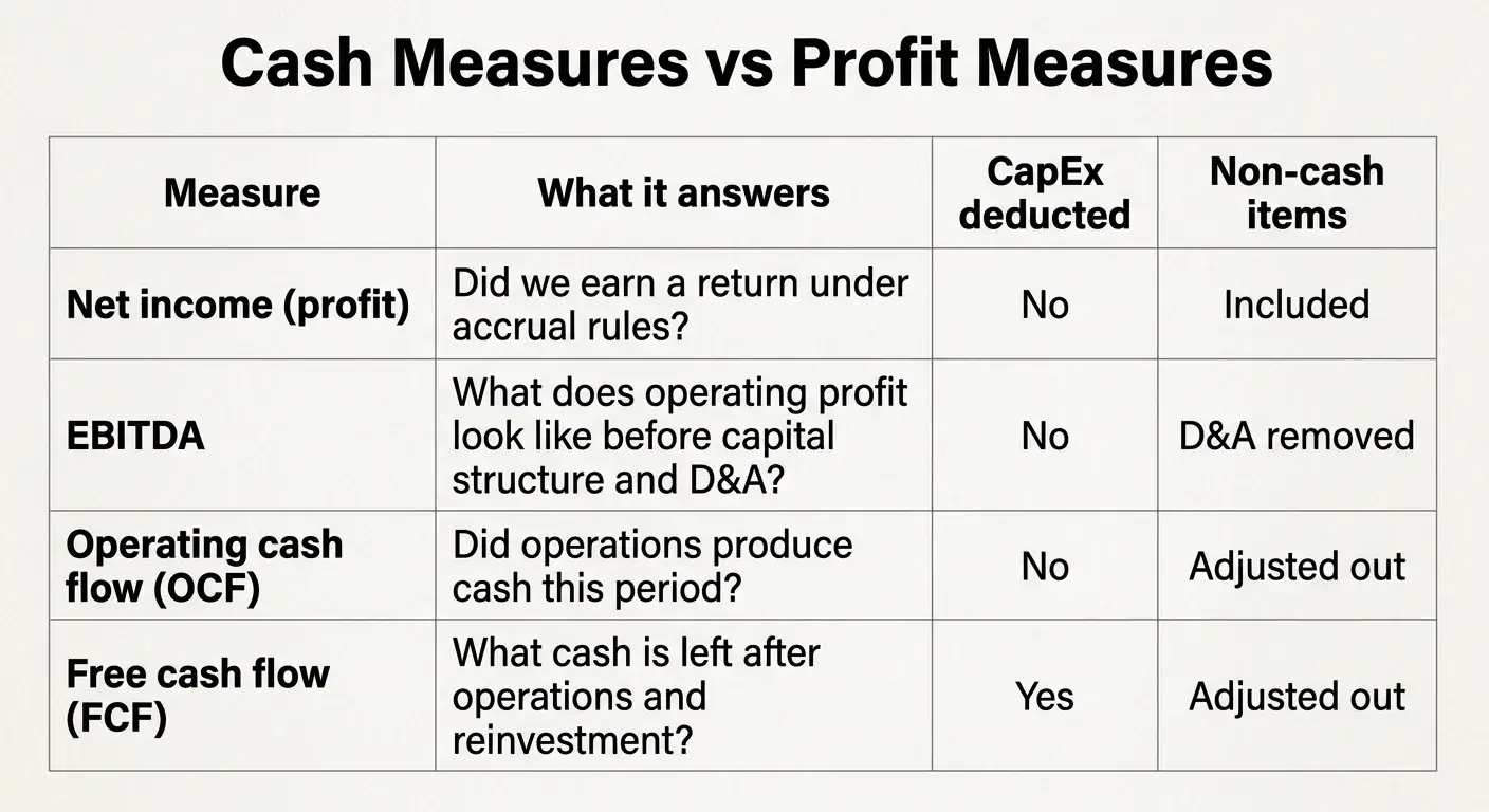Table comparing net income, EBITDA, operating cash flow, and free cash flow and whether each deducts CapEx