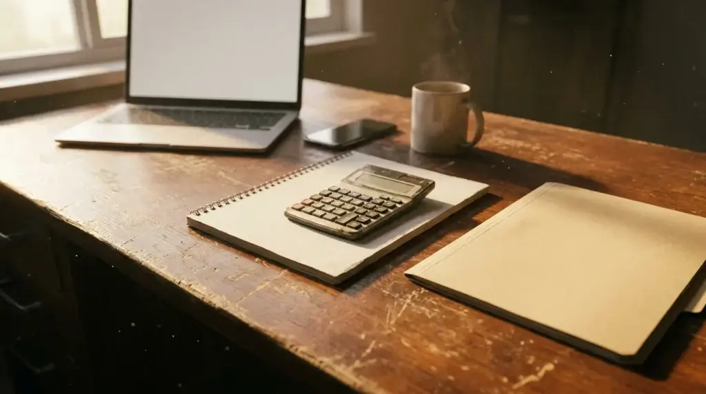 Owner reviewing a calculator and blank notebook beside a laptop, emphasizing cash in bank versus reported profit.