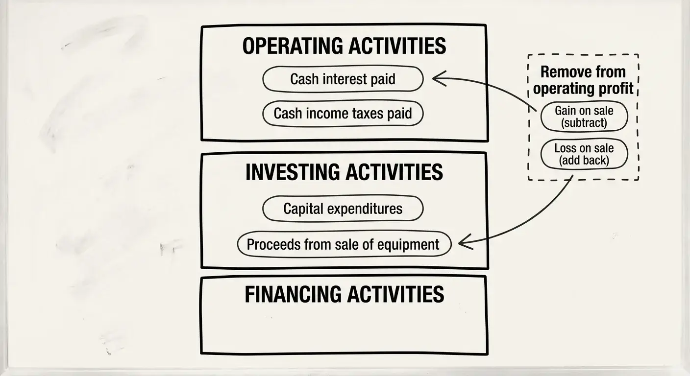 Diagram showing where interest, taxes, capex, and equipment-sale gains belong across operating and investing sections.