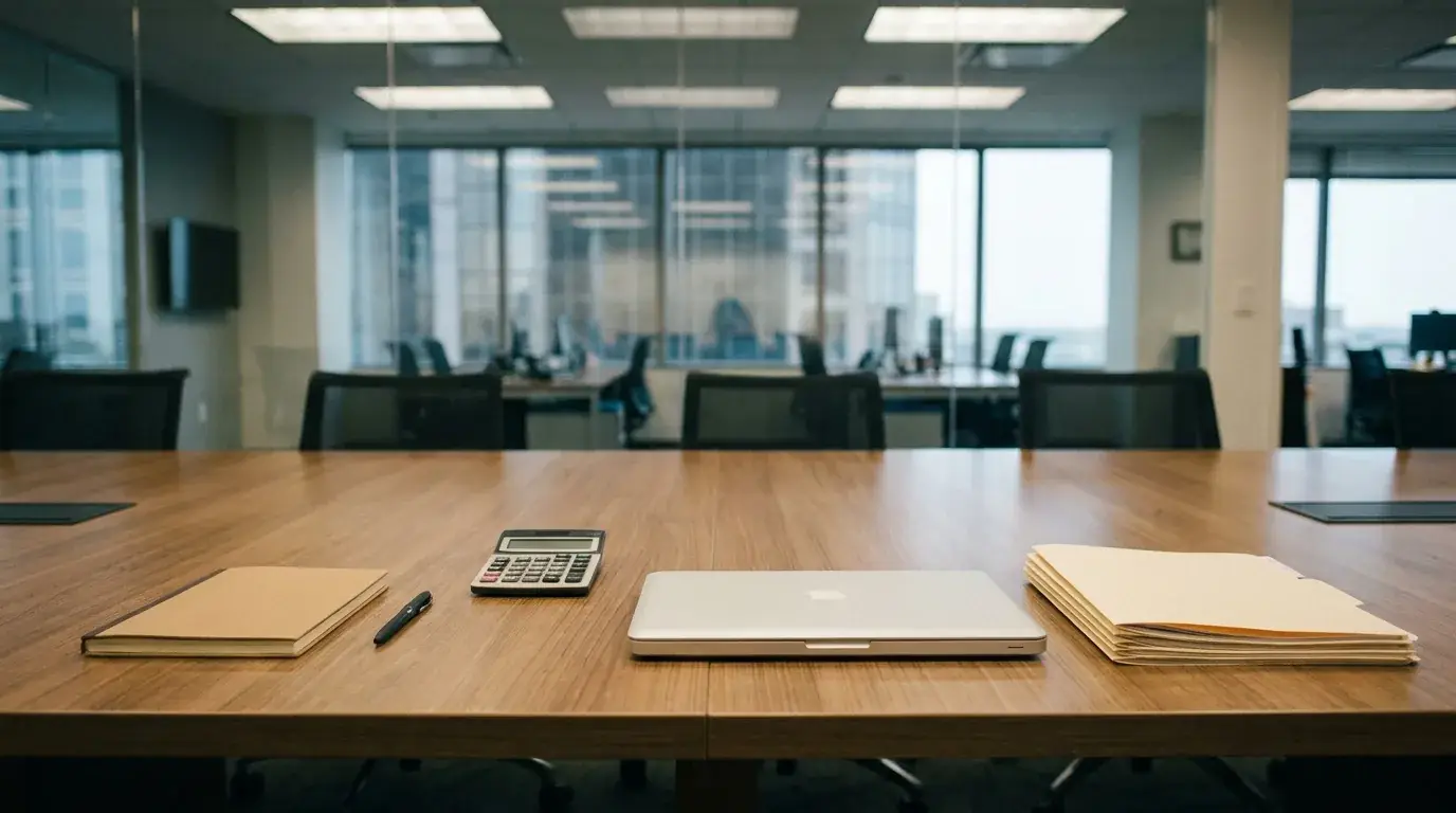 Two leaders reviewing cash flow materials at a conference table, suggesting when to bring in CFO-level judgment.