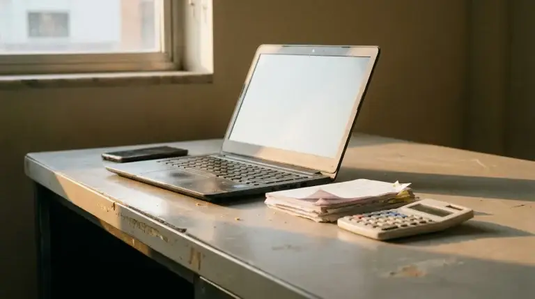 CEO desk scene with laptop, bank papers, and calculator, conveying uncertainty about cash visibility