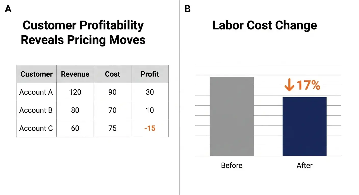 Data vis showing three customer profitability rows and a 17% labor cost change callout