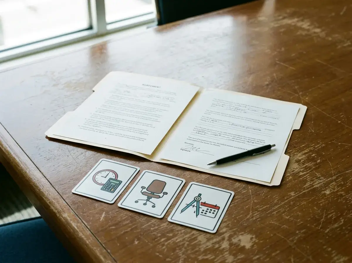 Conference table with engagement letter, pen, and three option cards representing DIY, full-time hire, and outsourced CFO