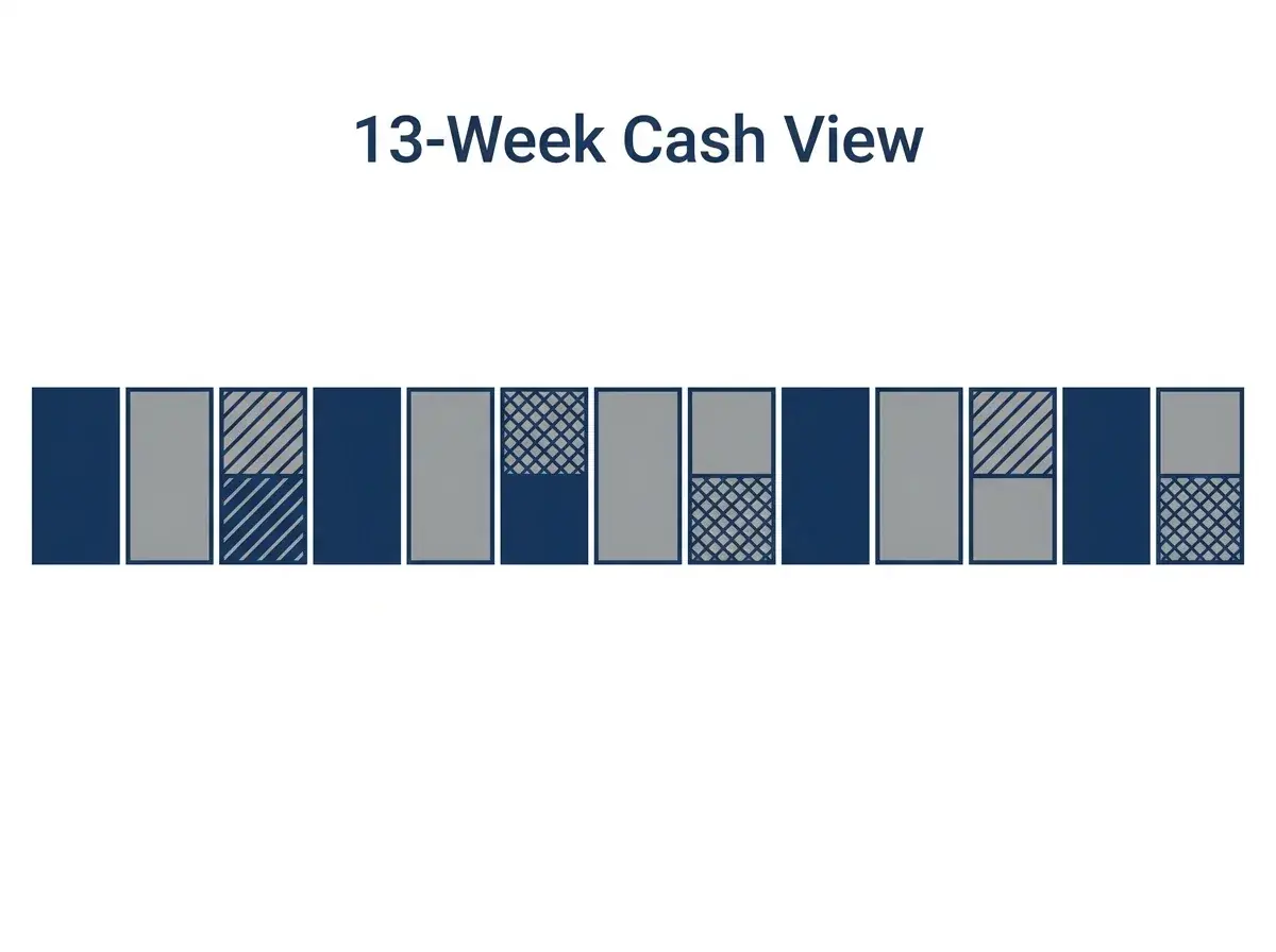Diagram of diagnostic deliverables: 13-week cash view, margin map, and prioritized 90-day plan