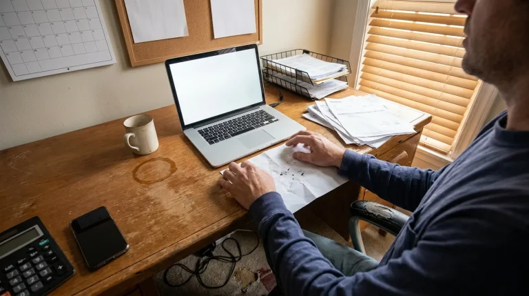 Founder’s desk with laptop, invoices, and calculator in late-afternoon light, showing the cash timing squeeze