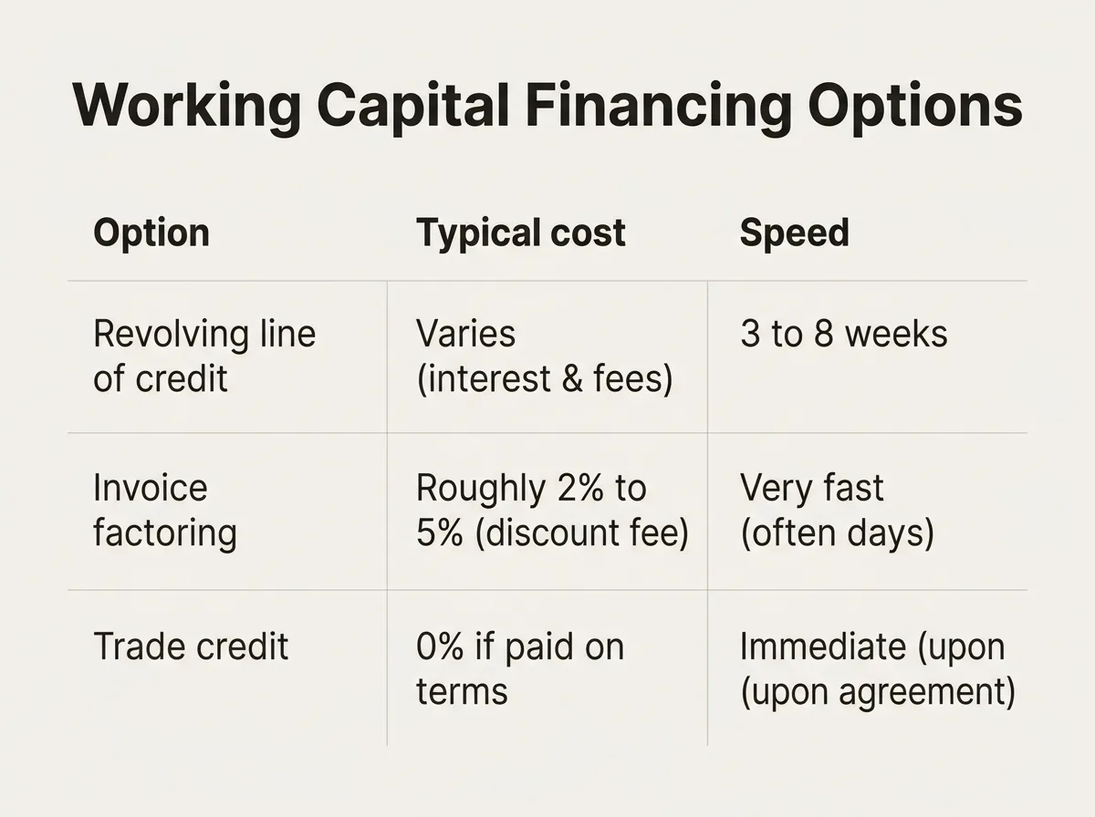 Comparison table of working-capital financing options with typical cost, speed, and collateral