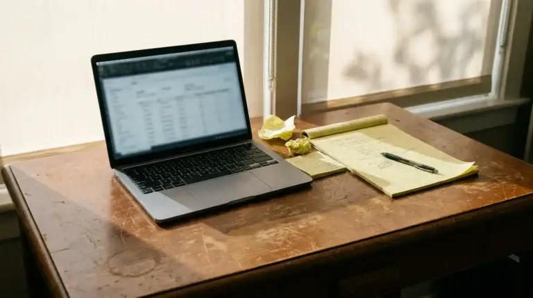 Hands reviewing a cost-benefit worksheet at a desk with a laptop, legal pad, pen, and sticky notes