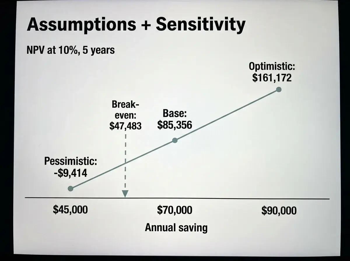 Assumptions table and sensitivity chart showing NPV at 10% over 5 years with break-even annual saving