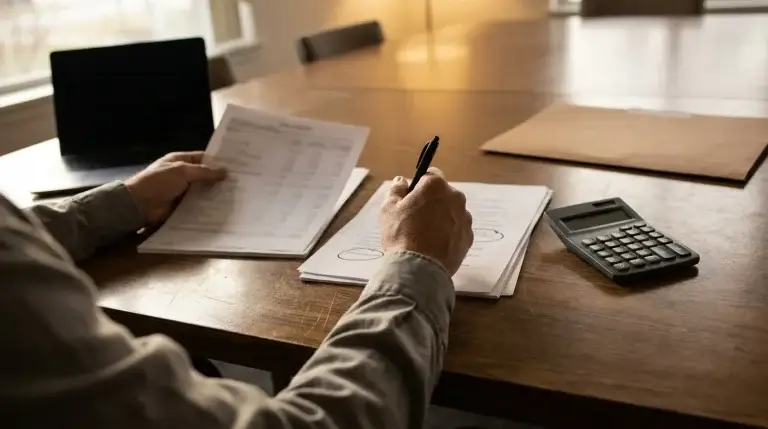 Hands comparing two DSCR worksheets with a calculator on a conference table