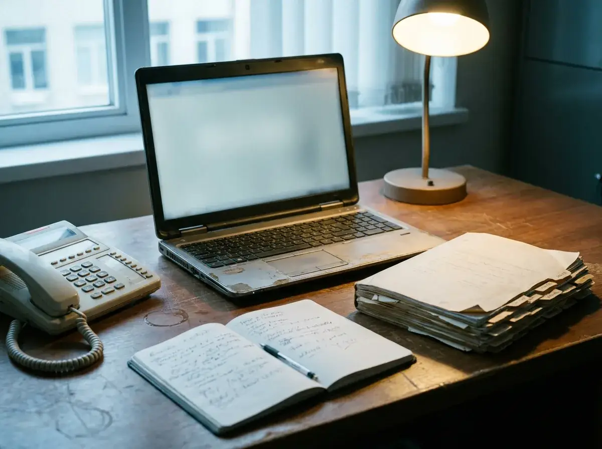Desk scene of covenant review with loan agreement, laptop, notebook, and phone