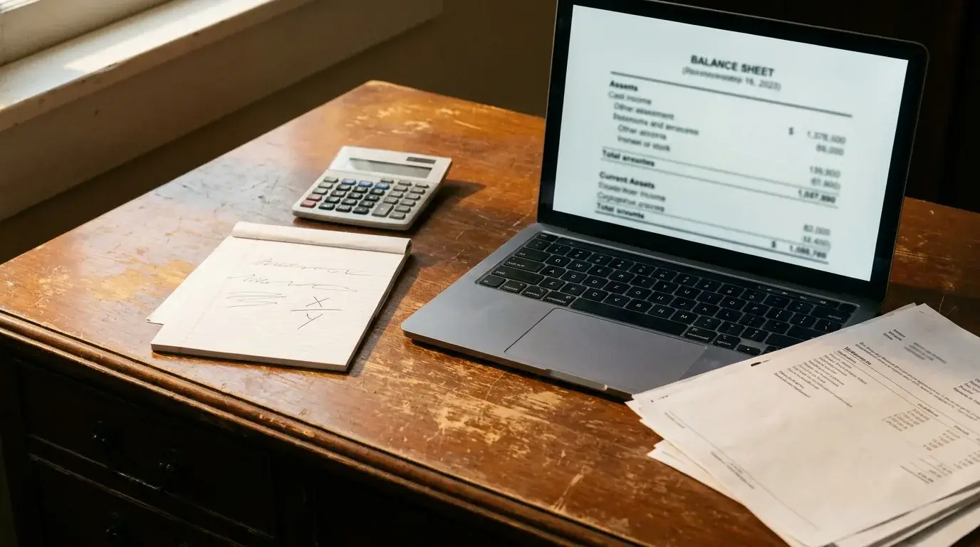 Hands reviewing a balance sheet on a laptop with notes and calculator on a desk