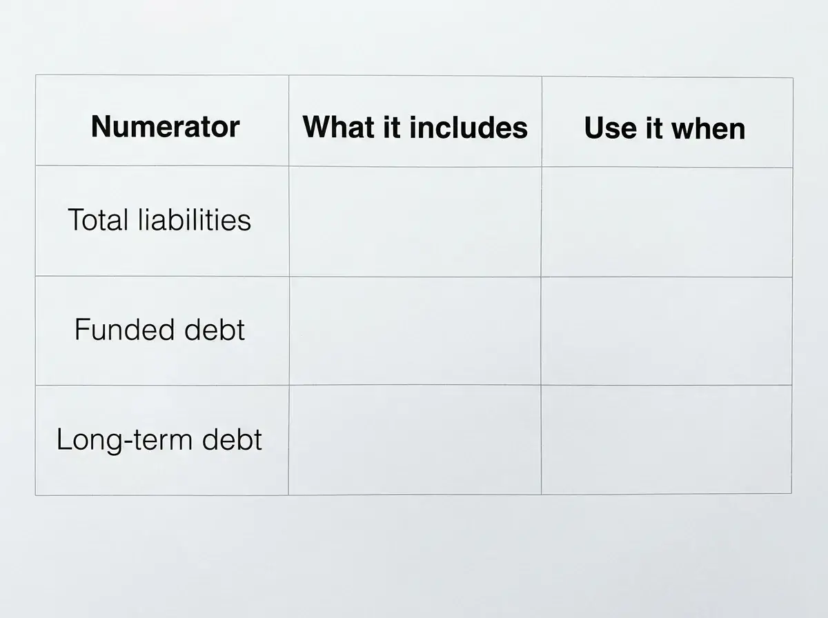 Table comparing total liabilities, funded debt, and long-term debt numerator definitions