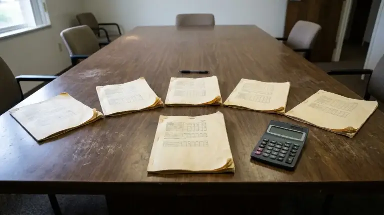 Five stapled report packets on a conference table with a calculator, showing a complete financial statement set.