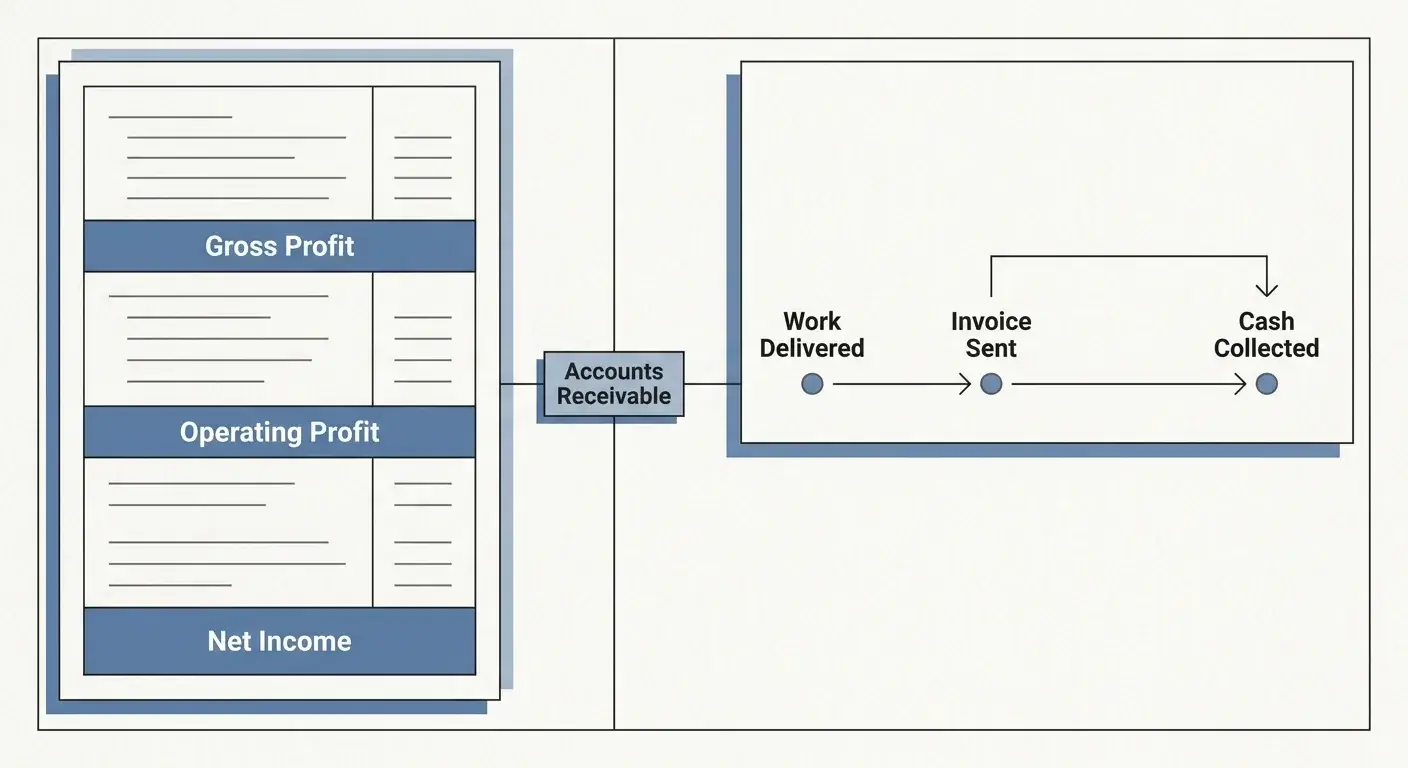 Diagram linking income statement profit lines to accounts receivable and cash collection timing.