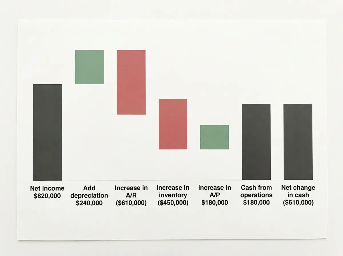 Waterfall chart showing how $820,000 net income becomes a ($610,000) net cash decrease.