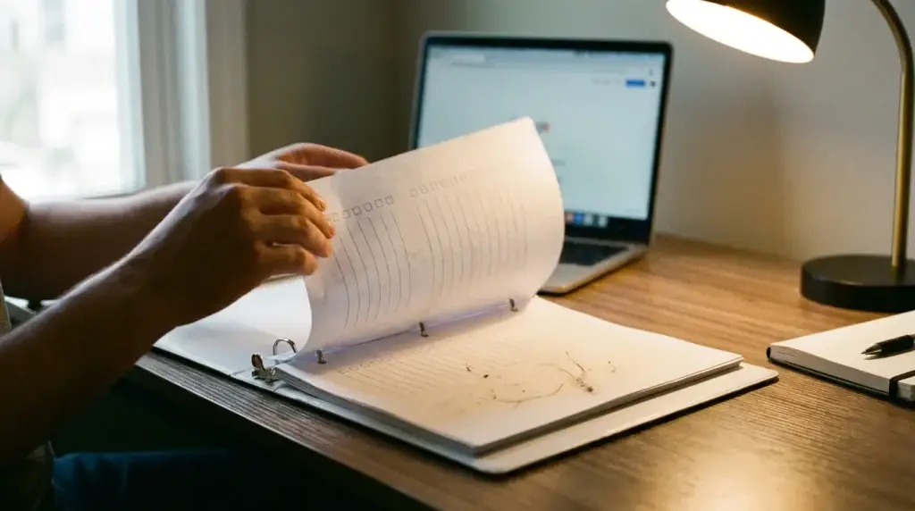 Hands filing a month-end close checklist into a binder on a real office desk with a blank calendar in the background