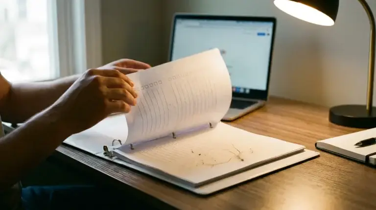 Hands filing a month-end close checklist into a binder on a real office desk with a blank calendar in the background
