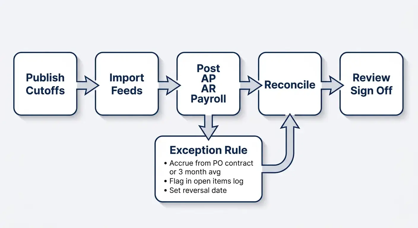 Flowchart showing close dependencies from cutoffs to feed import, posting, reconciliation, review, plus an exception rule loop
