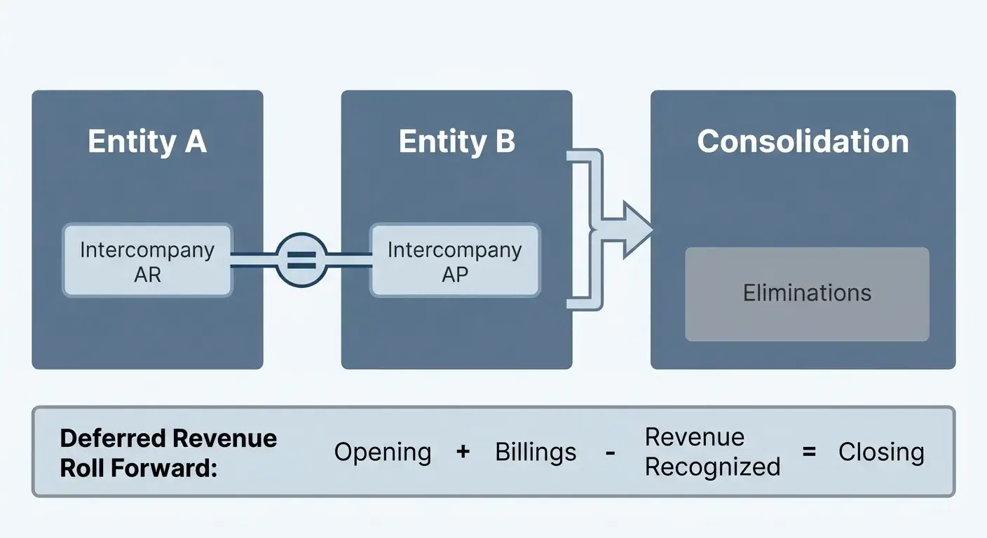 Diagram of Entity A and Entity B consolidating with intercompany matching, eliminations, and a deferred revenue roll-forward equation