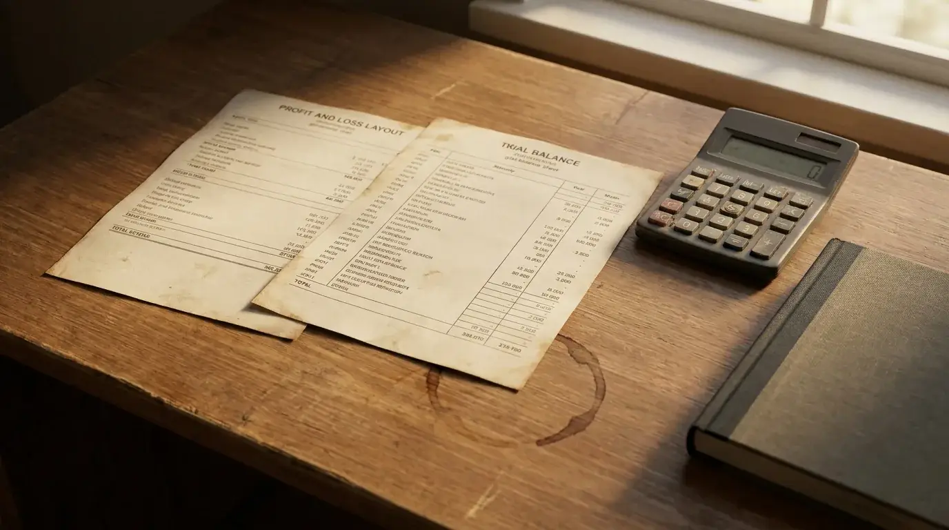 Hands reviewing printed trial balance and P&L layout at a desk with calculator and laptop