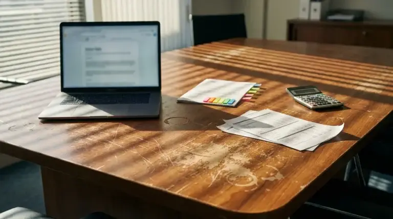 Finance desk scene showing a close packet and laptop, implying accurate books before decision-making